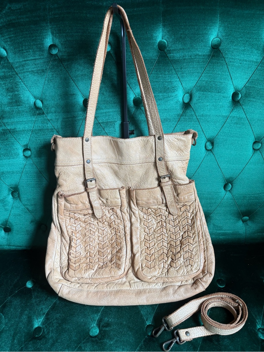 Made In Italy Genuine Leather Tote Crossbody Bag Woven Pocket Boho Shopper